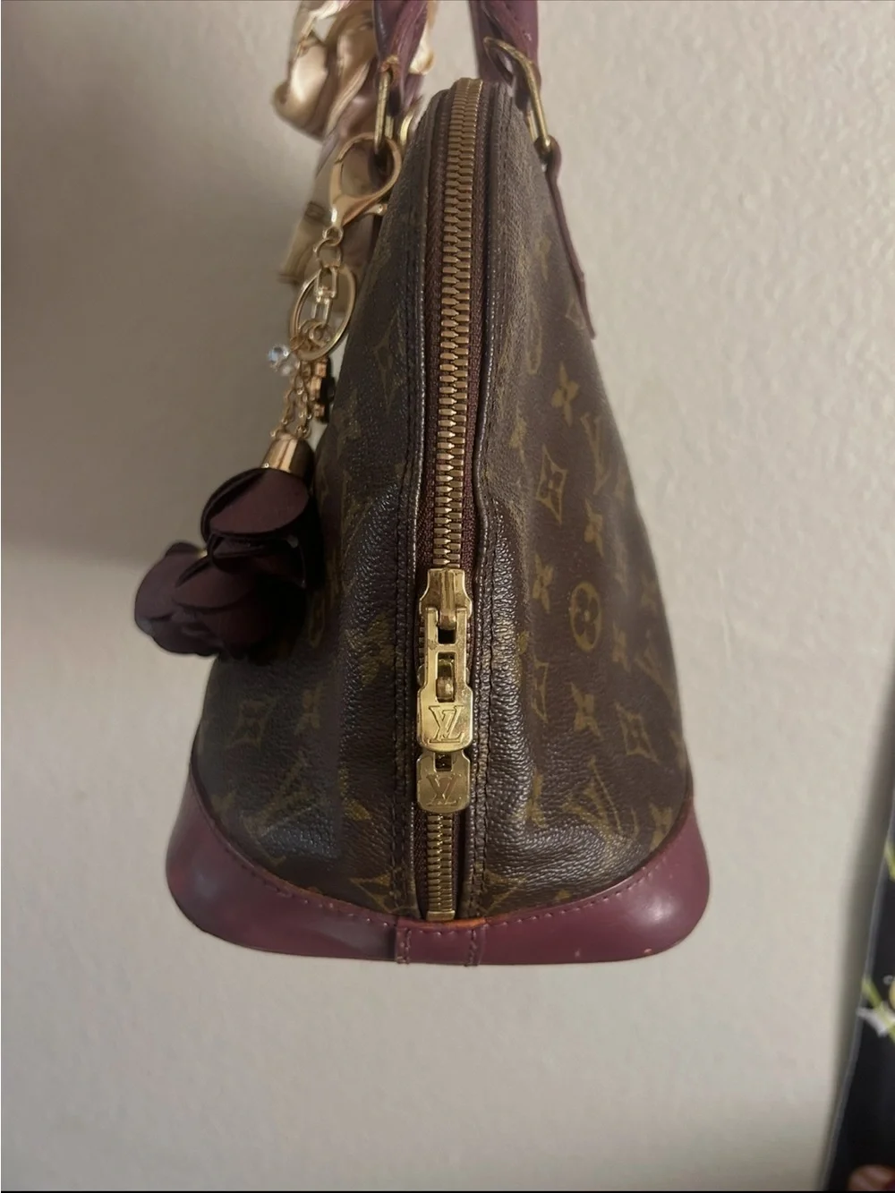 Louis Vuitton Brown Monogram Satchel with Burgundy Trim and Gold Hardware